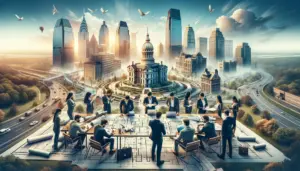 A group of entrepreneurs in New Jersey discussing business structuring, surrounded by digital devices and blueprints, with iconic landmarks in the background, signifying the blend of tradition and innovation in their startup journey.