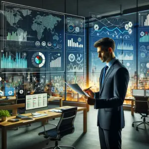 A Certified Public Accountant reviews financial strategies in an office with modern financial charts and a view of Westfield, NJ.