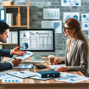 Small business owner and tax planning expert strategizing with tax forms and financial charts in an office.