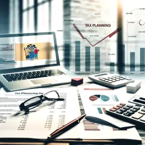 Strategic tax planning setup for small businesses with financial documents and New Jersey flag.