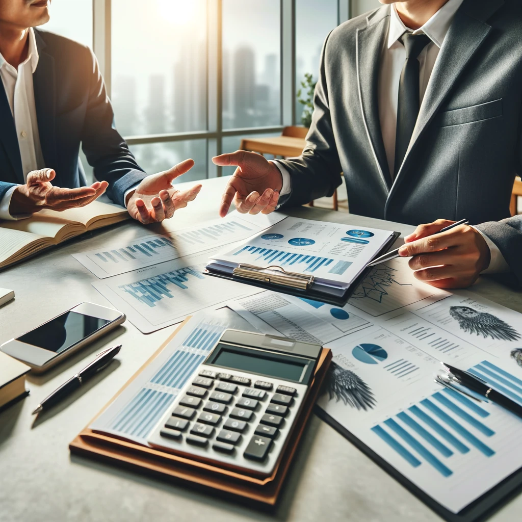 A Certified Public Accountant in a consultation session with a business owner, reviewing financial documents and digital data in a modern office.