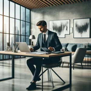 A professional entrepreneur engaged in bookkeeping at a modern desk with a laptop and calculator in a stylish office, showcasing abstract art and a cityscape through a large window.