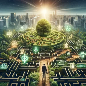 An intricate garden maze represents business structuring in New Jersey, with corporate icons and tax symbols forming the paths leading to a thriving startup garden at the center, against a backdrop of New Jersey's diverse skyline.