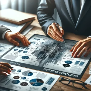 Business Structuring consultant reviewing documents with a client in a professional office setting.