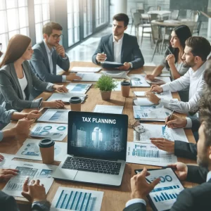 Startup entrepreneurs engaging in a strategic tax planning meeting.